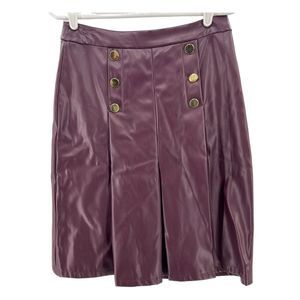 Liz Claiborne winetastic pleated faux leather skirt gold buttons fleece lined 2